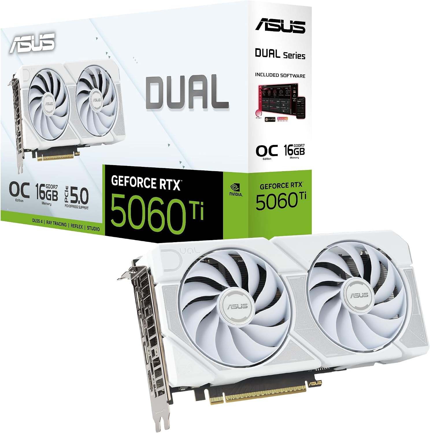 ASUS Dual GeForce RTX 5060 Ti 16GB GDDR7 White OC Edition (PCIe 5.0, 16GB GDDR7, DLSS 4, HDMI 2.1b, DisplayPort 2.1b, design de 2.5 compartimentos, design de ventilador de tecnologia axial, tecnologia