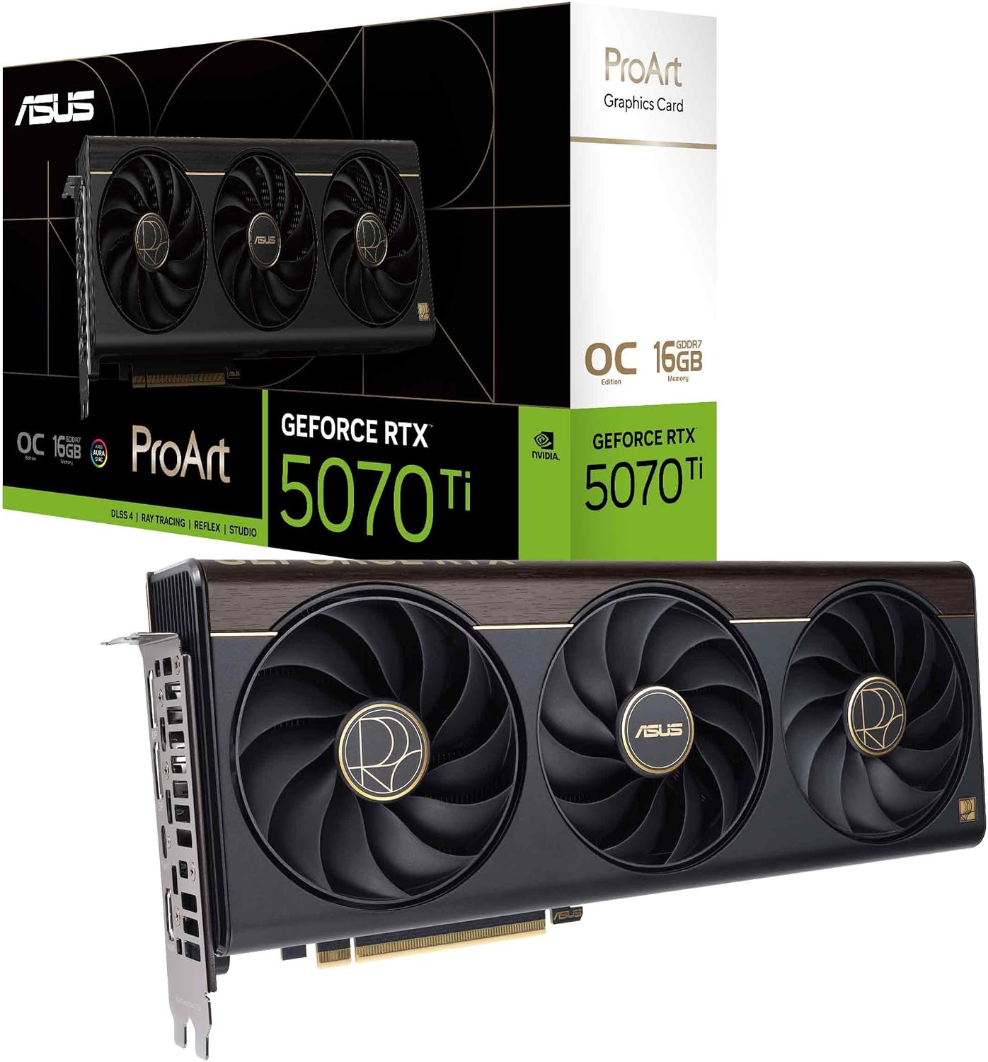 ASUS Placa gráfica ProArt GeForce RTX 5070 Ti OC Edition (PCIe 5.0, 16GB GDDR7, USB Type-C, HDMI/DP 2.1, 2.5-slot, ventiladores de tecnologia axial, câmara de vapor, almofada térmica GPU de mudança de