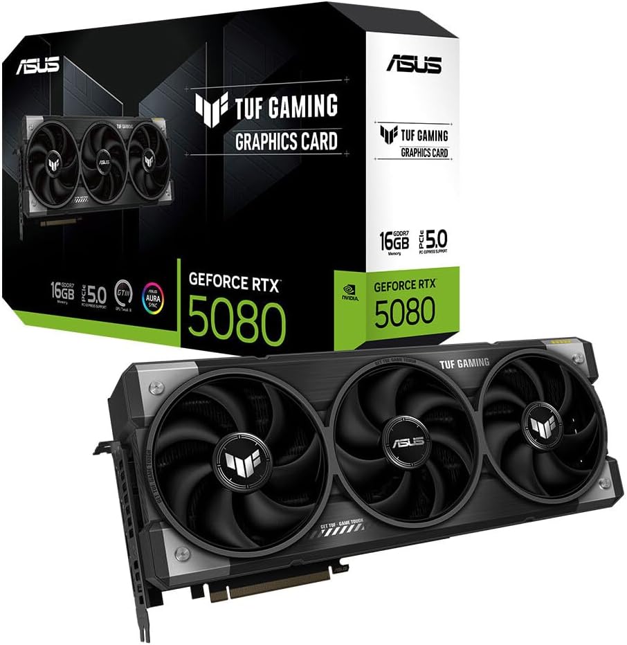 ASUS TUF RTX5080, 16G, jogos, NVIDIA, GeForce RTX 5080, 16GB GDDR7, 256bit, 2x HDMI, 3xDP, RGB, DLSS4 Graphics